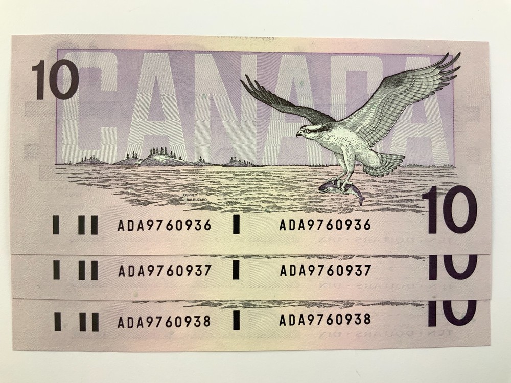 3 Consecutive 1989 Canada 10 Dollars Uncirculated Banknotes ADA Prefix II729