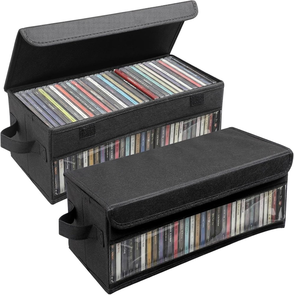 2 Pack CD Storage Box Case Holder w/ Handles and Lid, Stackable CD Organizer Box