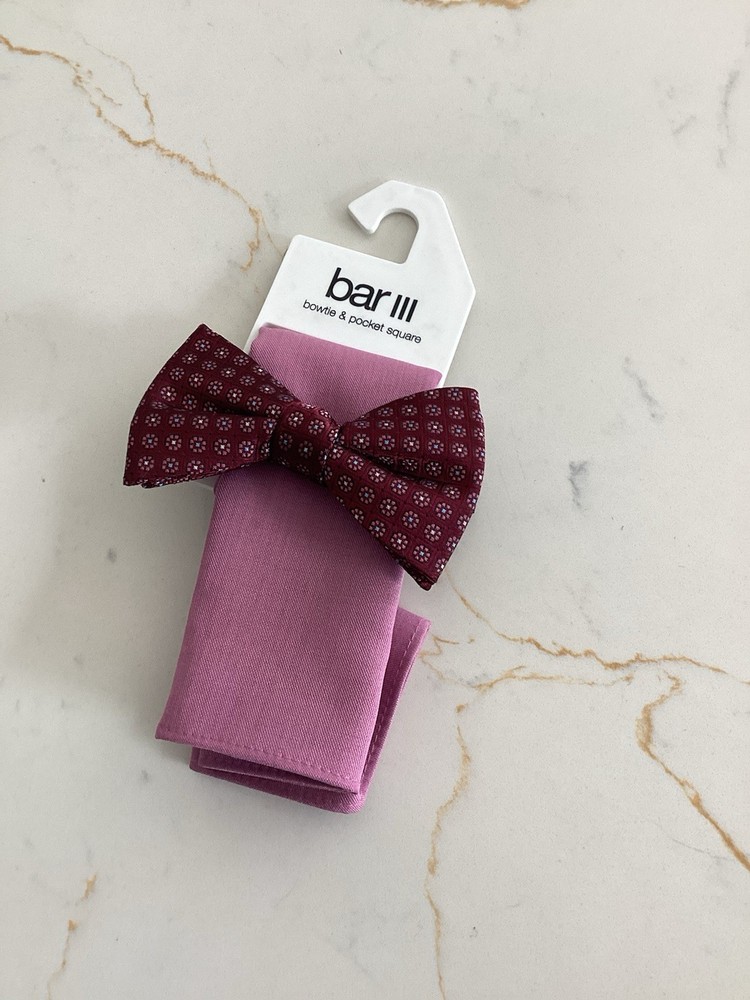 Bar III Men's Sondley Bow Tie & Solid Pocket Square Set NWT