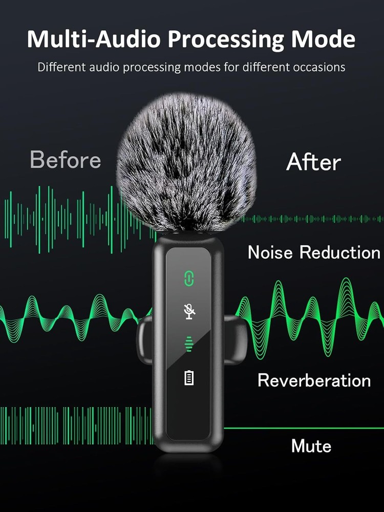 Wireless Lavalier Microphone for iPhone 5-14 Series, LED Display Small, Black