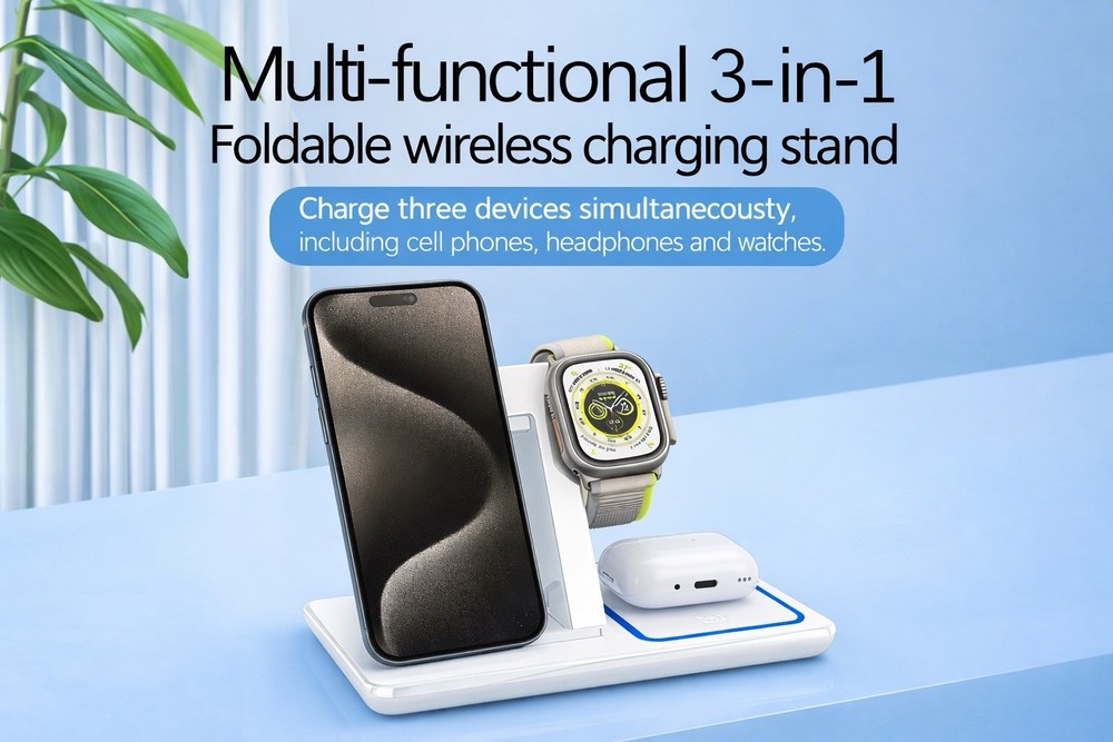 3-in-1 Foldable Wireless Fast Charging Stand for Apple Devices, Black