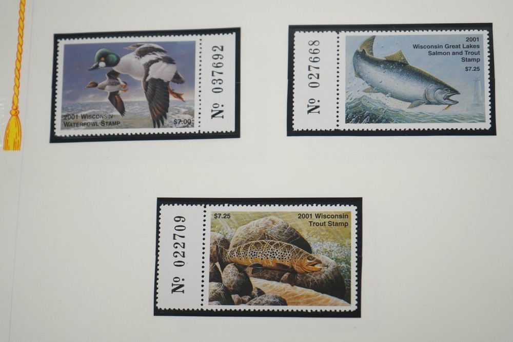 US 1970s-2010s COLLECTION OF 92 WISCONSIN STATE REVENUE STAMPS DUCKS & FISH