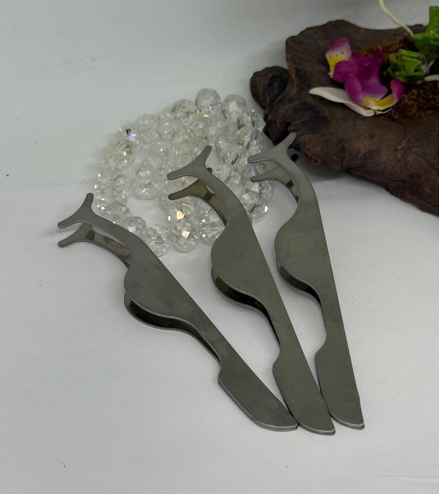 3x False Eyelashes Clip Tweezers Applicator Aid Forceps Tools - Stainless Silver