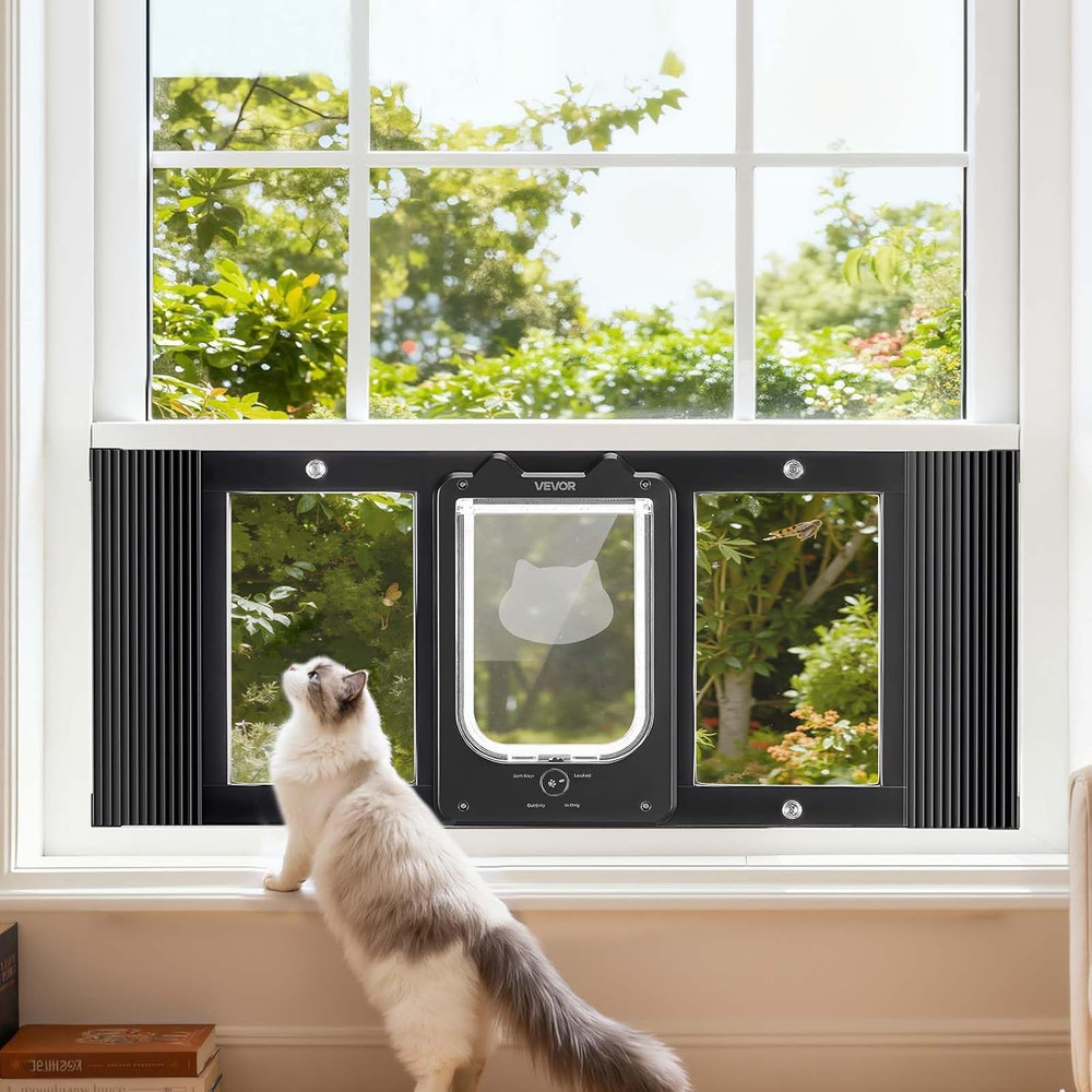 Cat Door for Window, Adjustable to Fit Window Width 31"-36", 4 Secure Lock Modes
