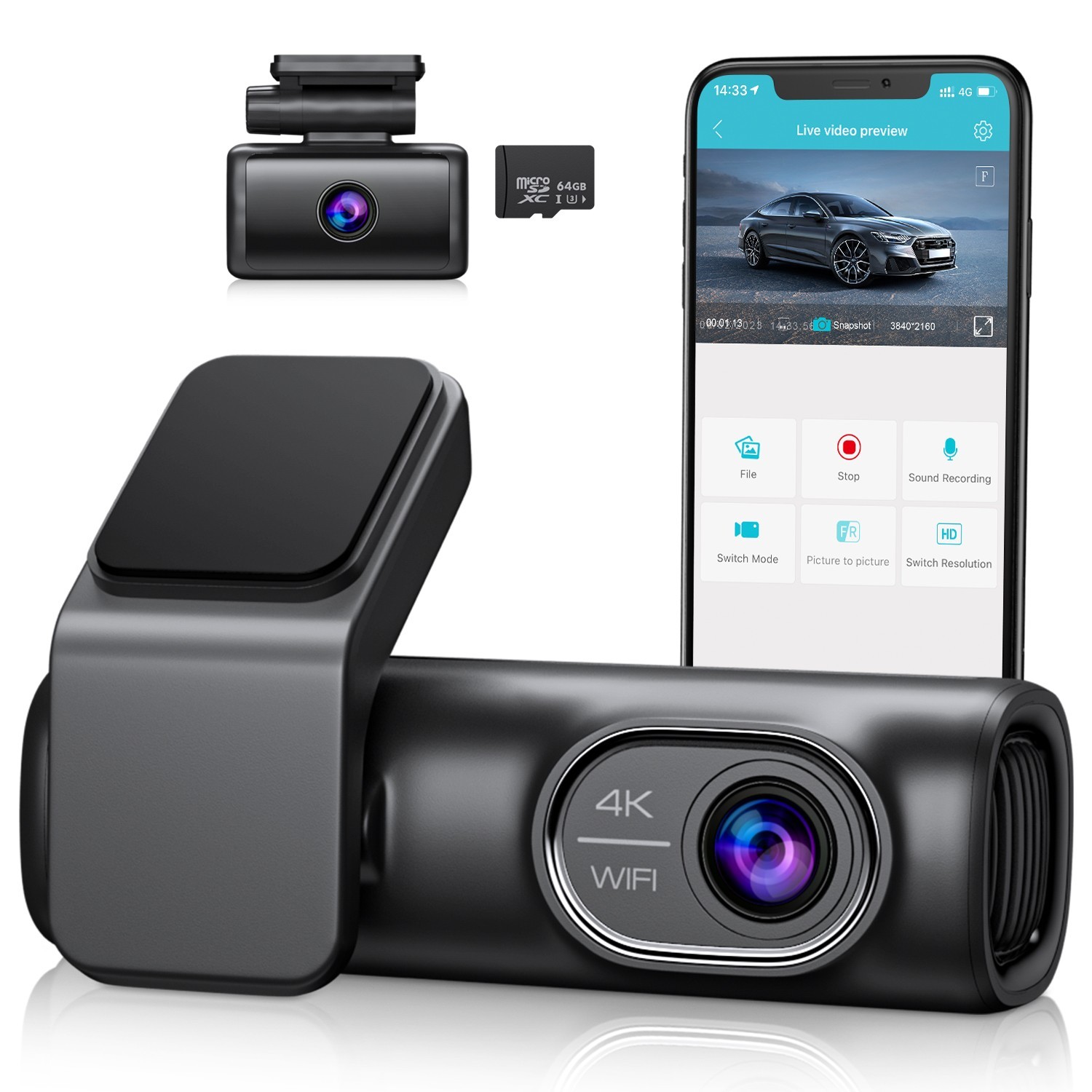4K Dash Cam Front and Rear Dash Camera Car DVR WiFi APP GPS with 64GB Card