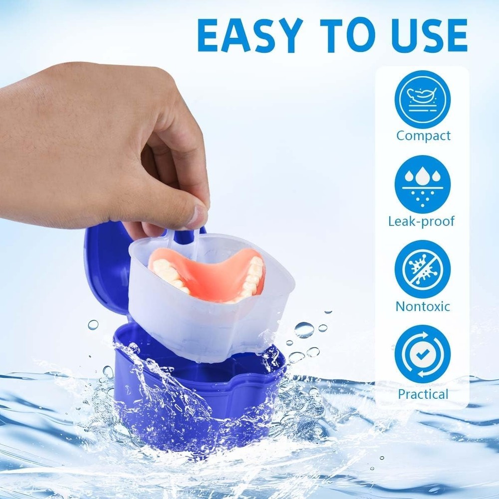 2 Pack Colors Denture Bath Case Cup Box Holder Storage Soak Container with St...