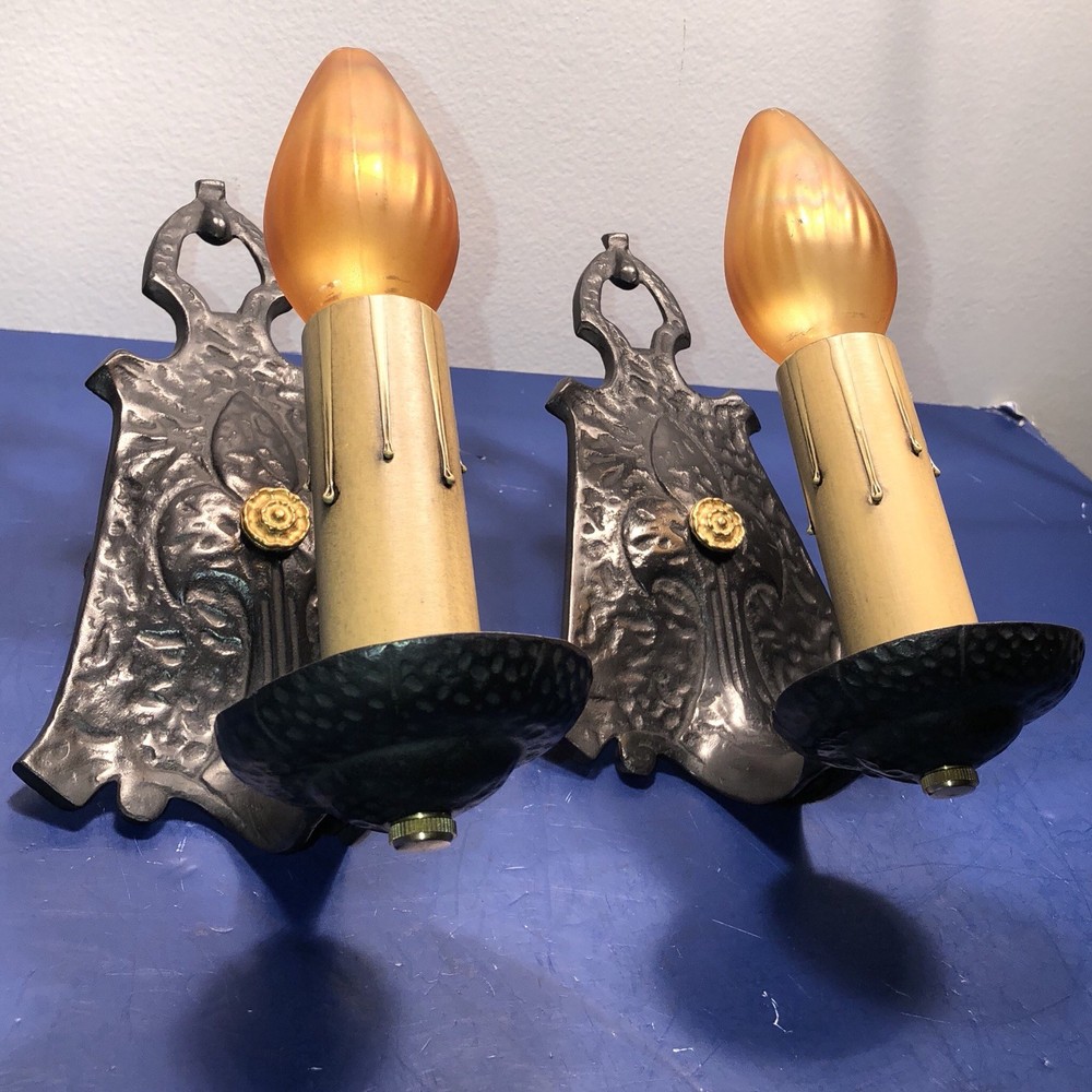 Newly Wired craftsman style sconces with Fleur-de-lis pattern Pair 21D