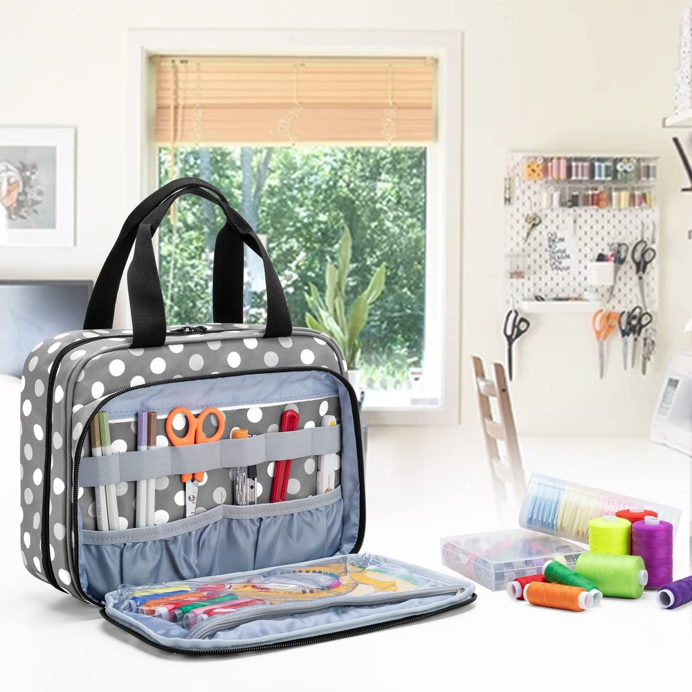 Large Sewing Organizer 3 Inner Sections Foldable Storage Pockets Polka Dots