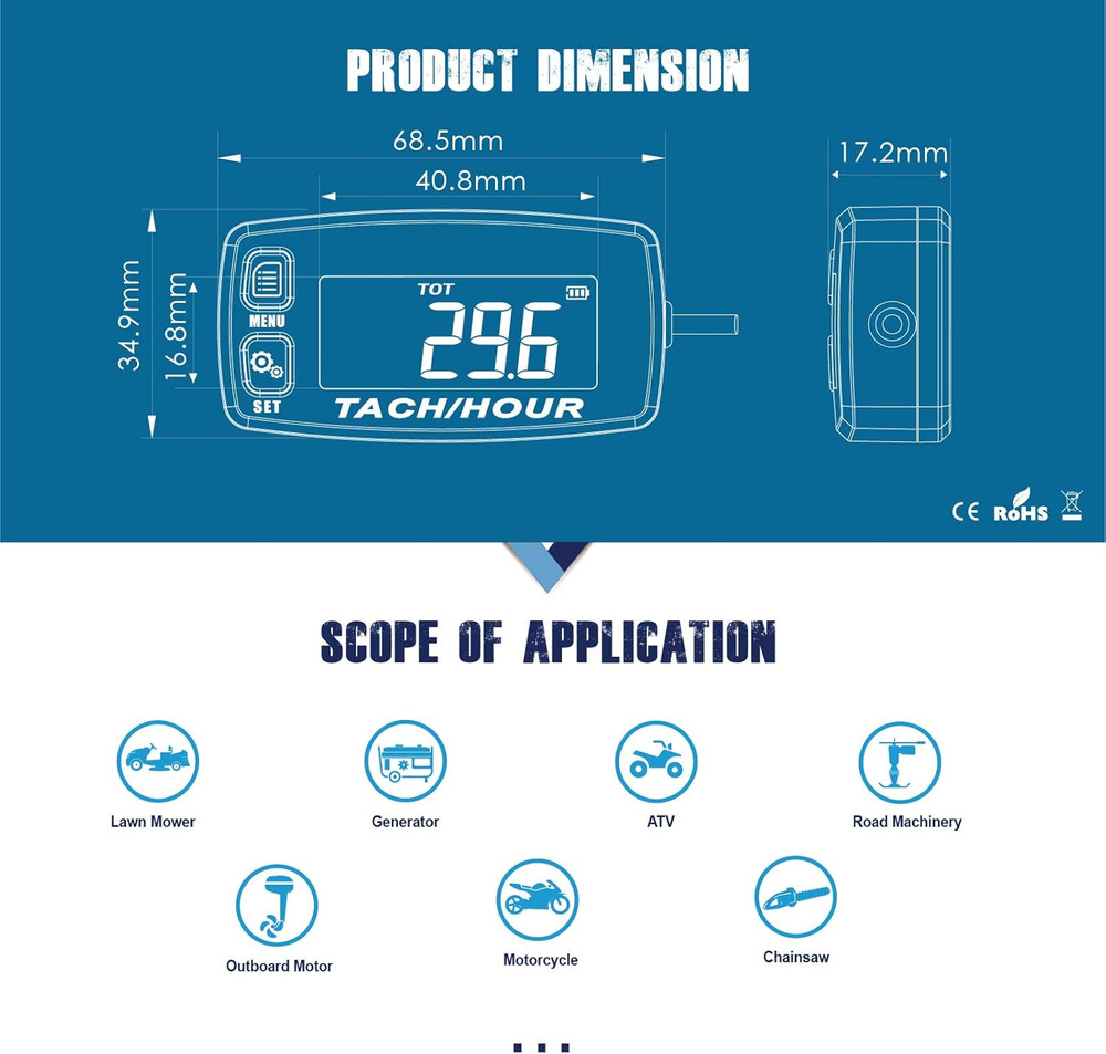 Digital Maintenance Tach/Hour Meter,Battery Replacement for Small Gas Engine,Use