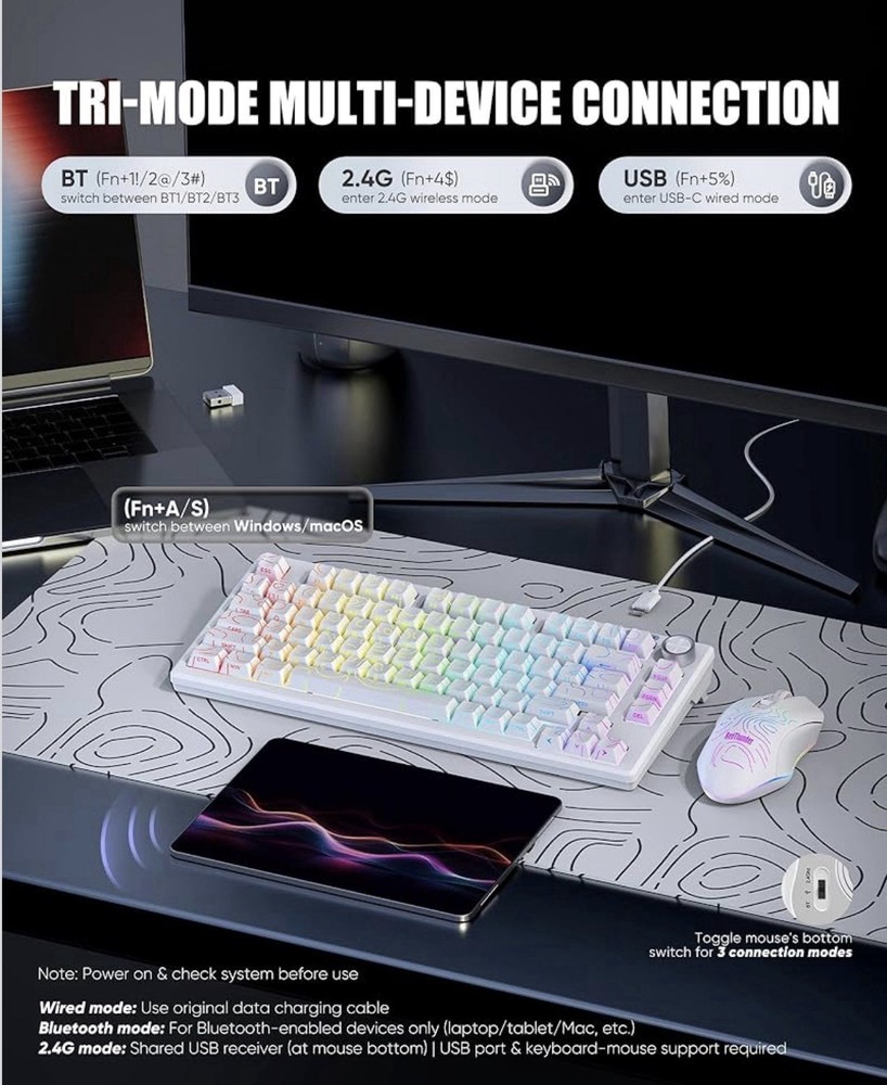 RedThunder K75 Wireless Keyboard and Mouse Combo,75% Membrane Side-Engraved