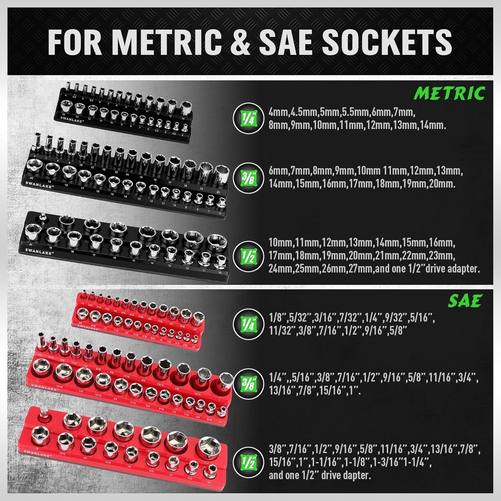 6-piece Magnetic Socket Organizer Set, Metric & SAE Drive Socket Holder, Include