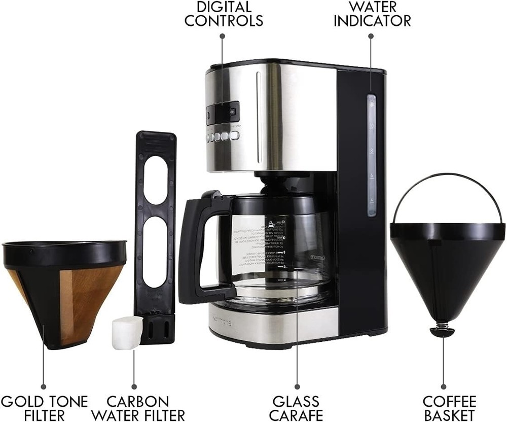 Drip Coffee Maker - 12 Cup Programmable Cafe Machine With Glass Pot