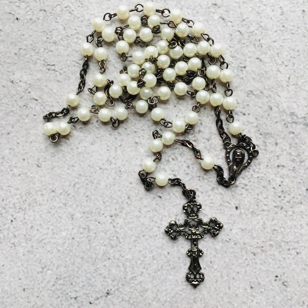 White Beaded Vintage Holy Rosary 20"
