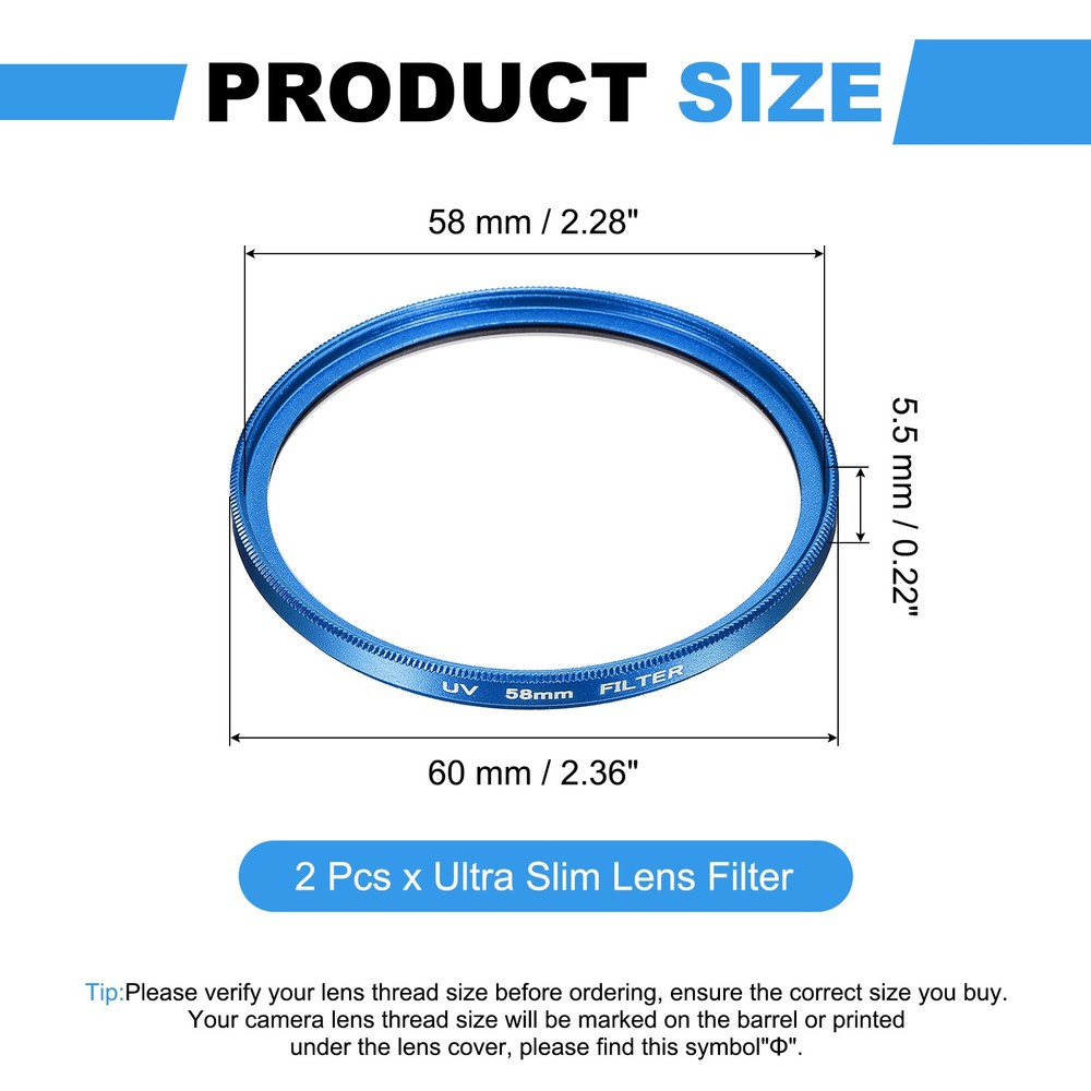 2Pcs 58mm Ultra Slim Lens Filter Multi Coating Camera Len Filter, Blue