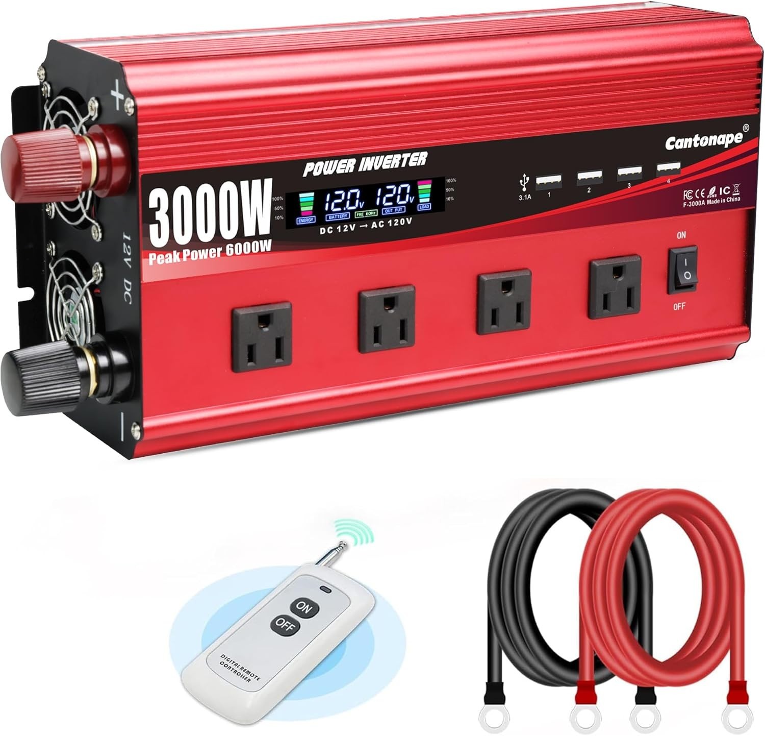 Used CANTONAPE 3000W Power Inverter 12V to 110V/120V DC to AC LCD Display