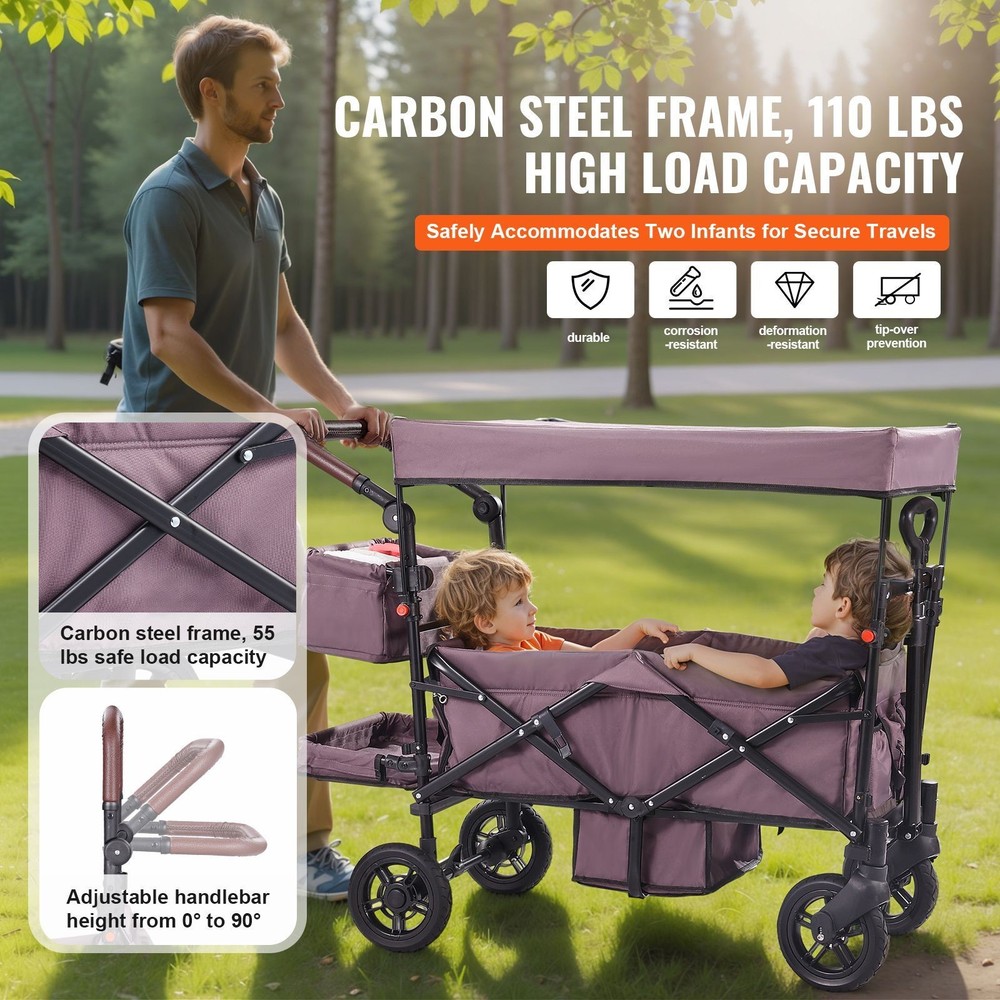 Wagon Stroller for 2 Kids, Push Pull Quad Collapsible Stroller with Adjustable H