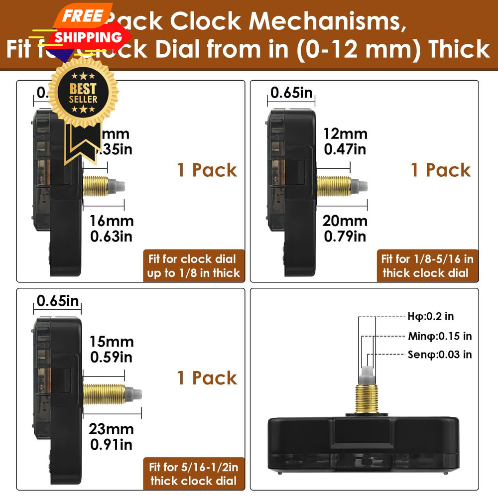 3PCS Clock Mechanism Kit, Quartz Movement Replacement with 8 Black