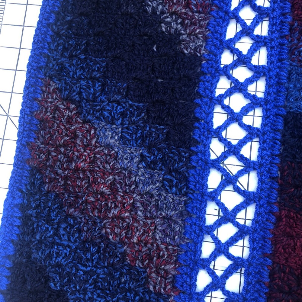 Afghan Blue, Grey, Red & Black 4 Panel 38x48” Throw