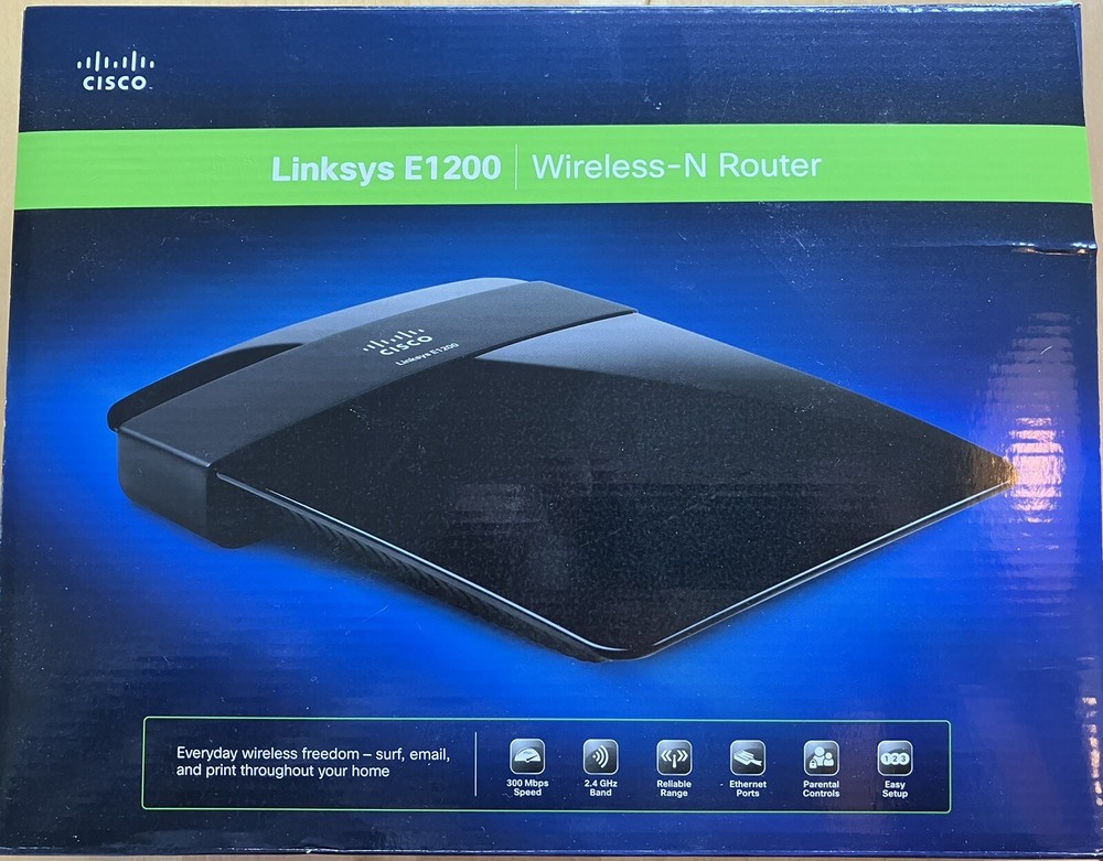Cisco Linksys E1200 Wireless-N Router, Install CD, Cord, Ethernet Cable, used