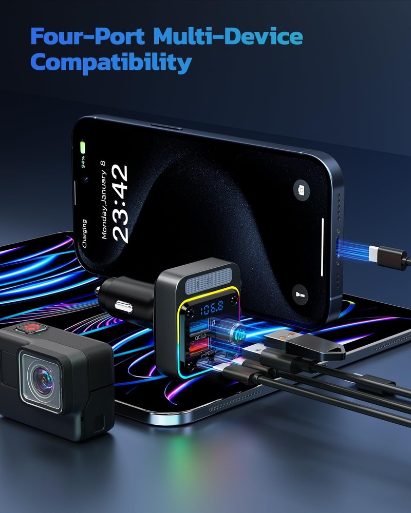 Nulaxy 54W Bluetooth 5.3 Car Adapter Charger 4-Port Fast Small, A-Black