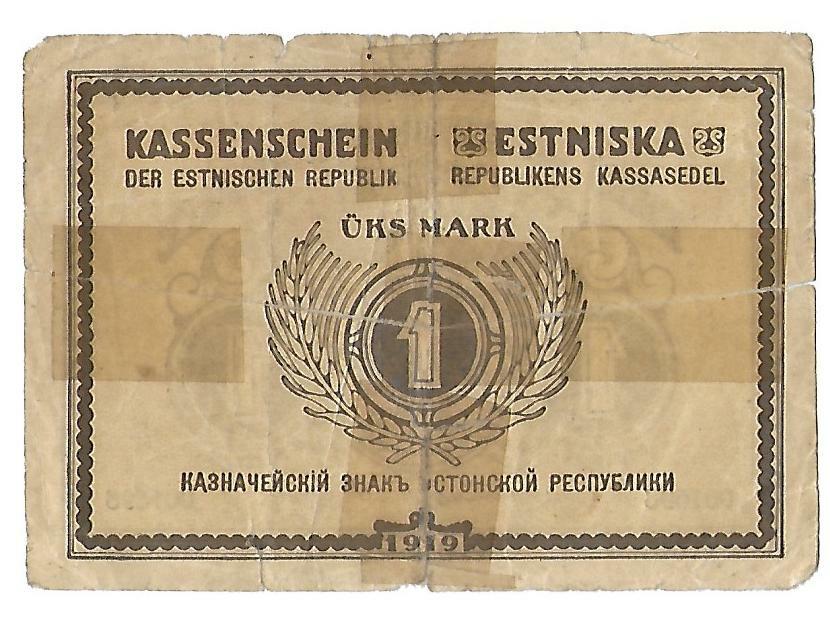 1919, ESTONIA 1 MARK BANKNOTE, CIRCULATED