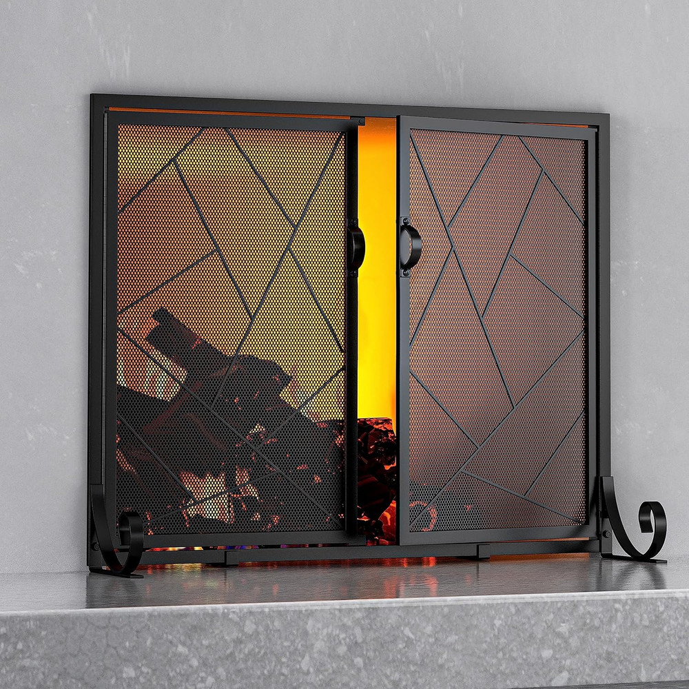 Fireplace Screen with Hinged Doors Cast Iron Border Sturdy Steel Frame Durable M