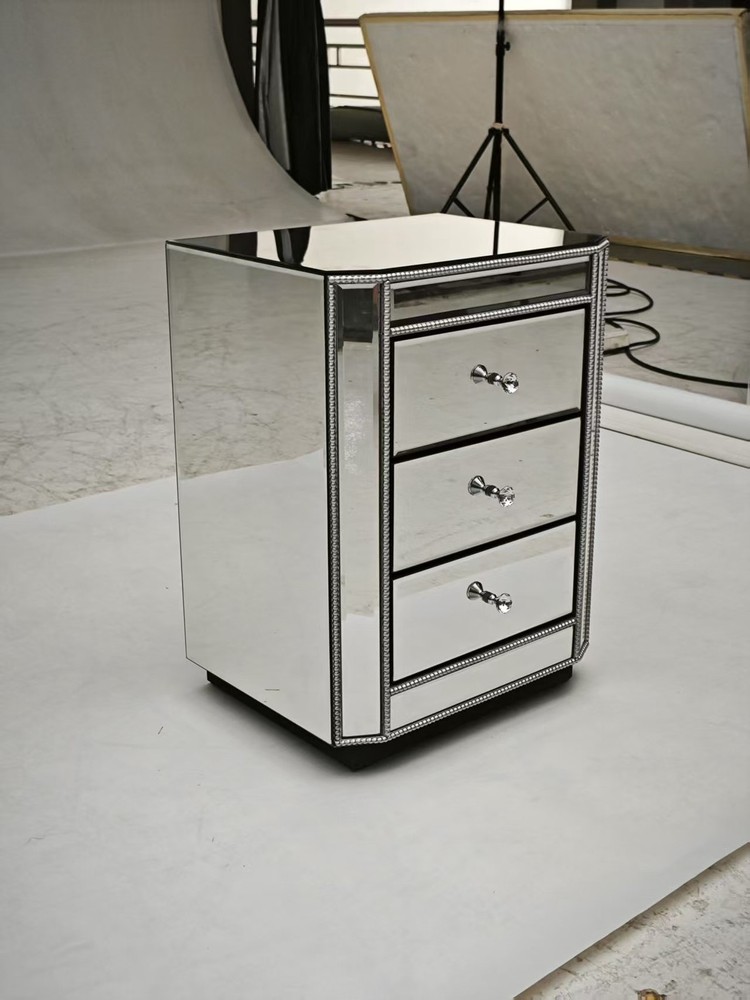 3-Drawer Mirrored Nightstand Bedside Table, Modern End Side Table