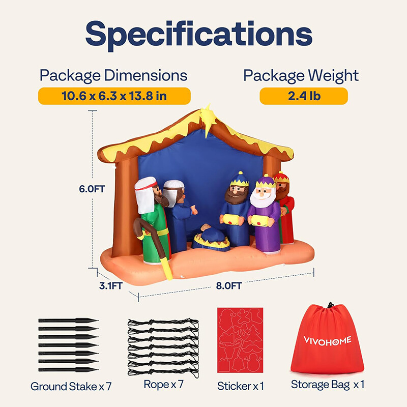 8FT Christmas Inflatable Nativity Scene Outdoor Led Lighted Lawn Yard Decoration