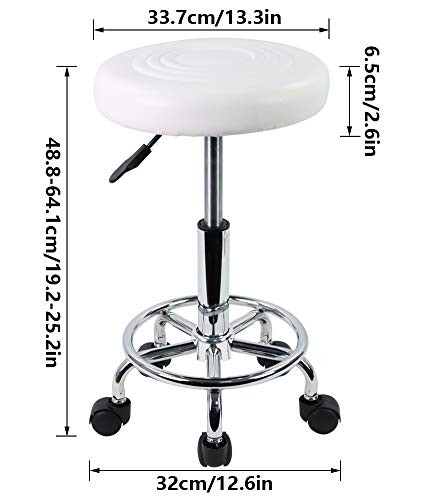 PU Leather Modern Round Rolling Stool with Footrest Height Adjustable White