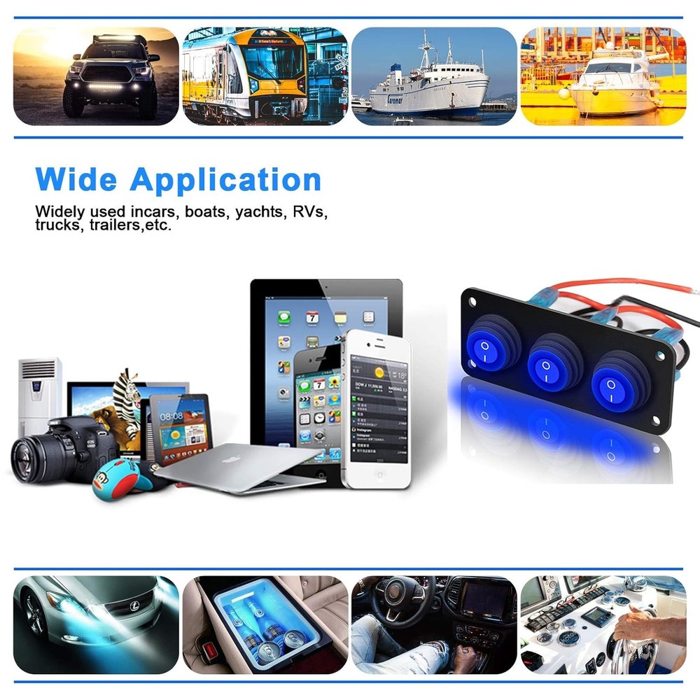 3 Gang Rocker Switch Panel with LED Indicator 12V