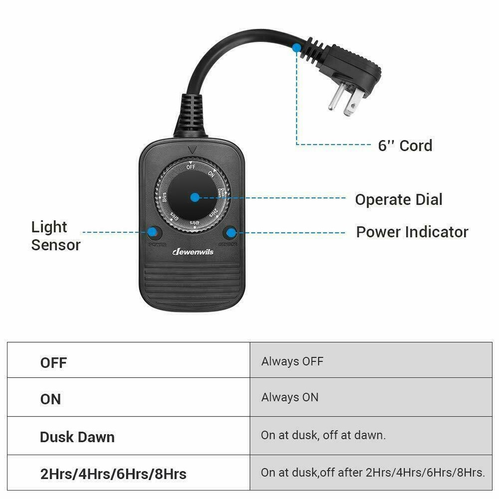 DEWENWILS Photocell Plug in Timer Switch Weatherproof Electrical Outlet 2 Pack