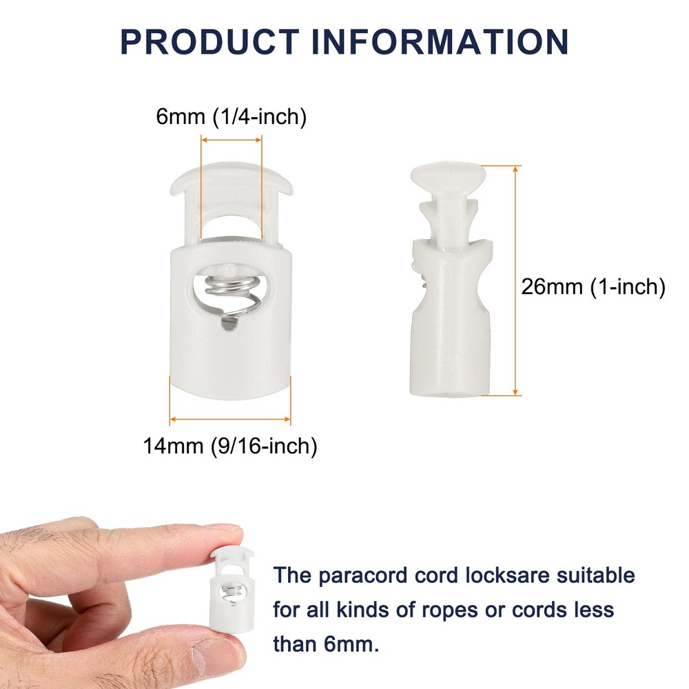 20pcs Cord Lock Single Hole Spring Toggle Stopper for Drawstring, White