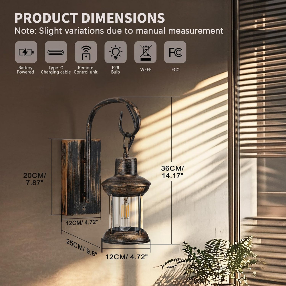 Rechargeable Battery Wall Sconce with Remote - Rustic Vintage Lantern Light