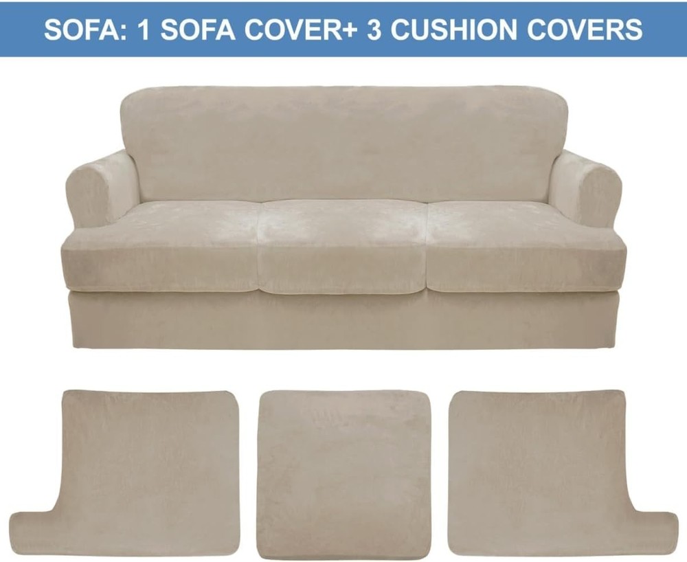 CUCRAF T Cushion Sofa Cover 4 Piece Slipcovers, Soft Thick Velvet * Ivory * NEW