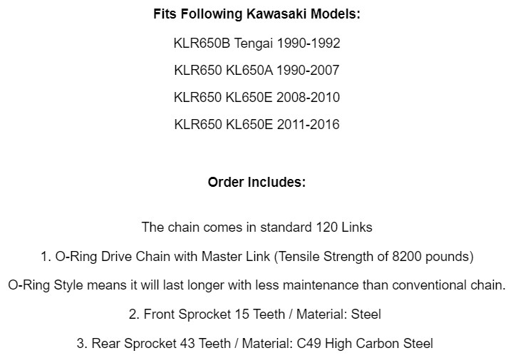 Gold O-Ring Drive Chain & Sprocket Kit for Kawasaki KLR650 Kl650A Kl650E 90-16