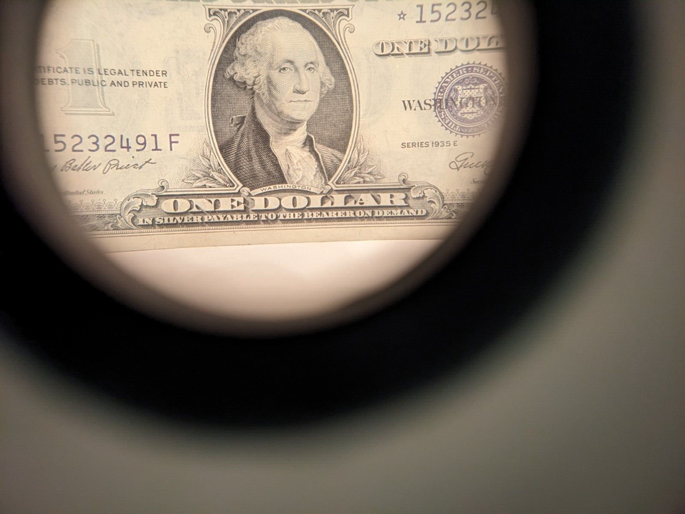 1935E Blue Seal One Dollar Silver Certificate Note Crisp - Off Center