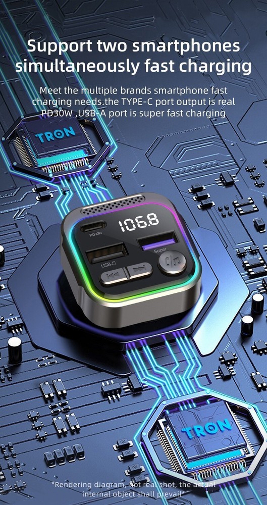 TRON 48W Bluetooth 5.3 FM Transmitter Car Adapter (PD30W & QC18W)with Mic ,MP3