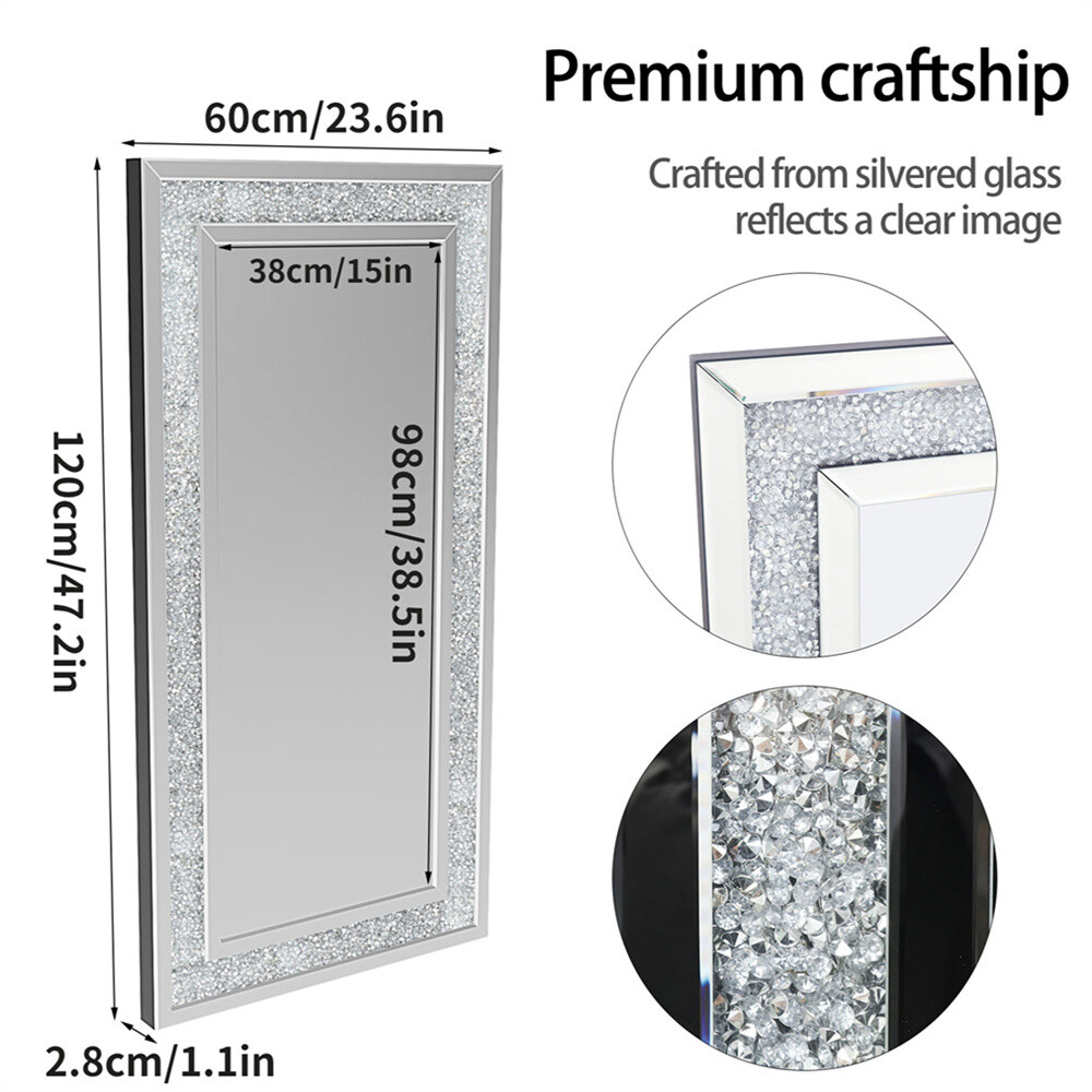 Large Crystal Crush Diamond Rectangle Silver Mirror Wall Hang Frameless Mirror