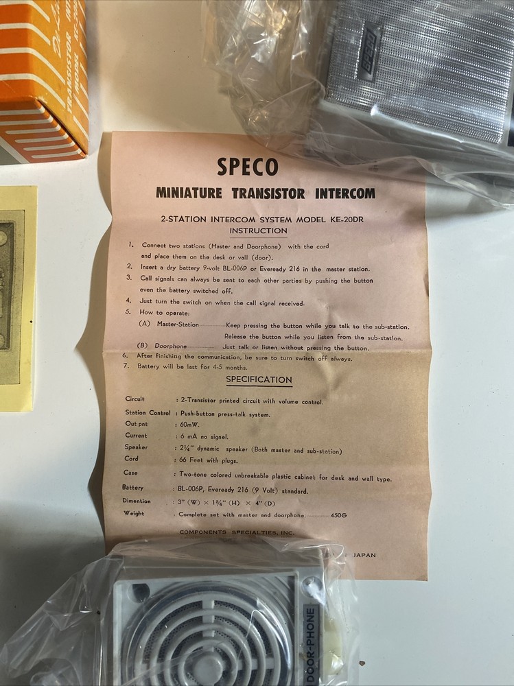 New NOS Vintage Speco Transistor Intercom Accessories Model KE-20DR electronics