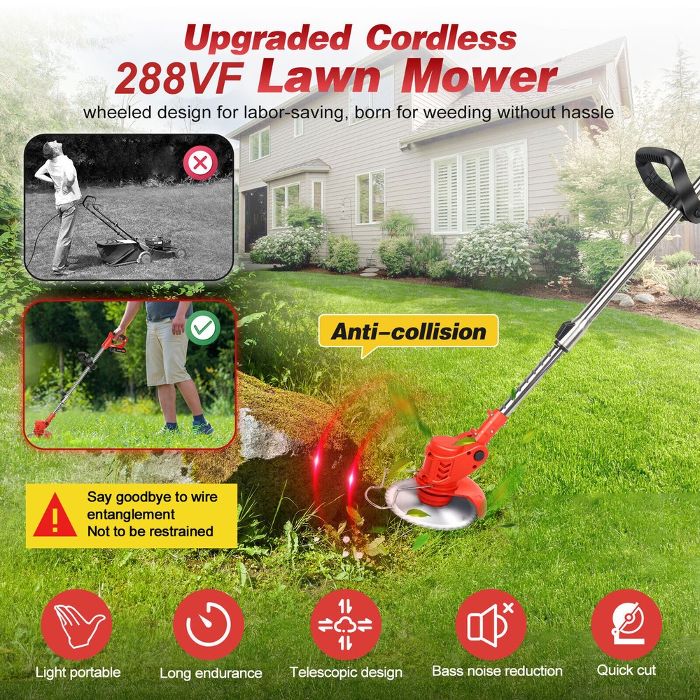 24V Electric Weed Eater Cutter Grass String Trimmer Cordless 2 Battery Powered