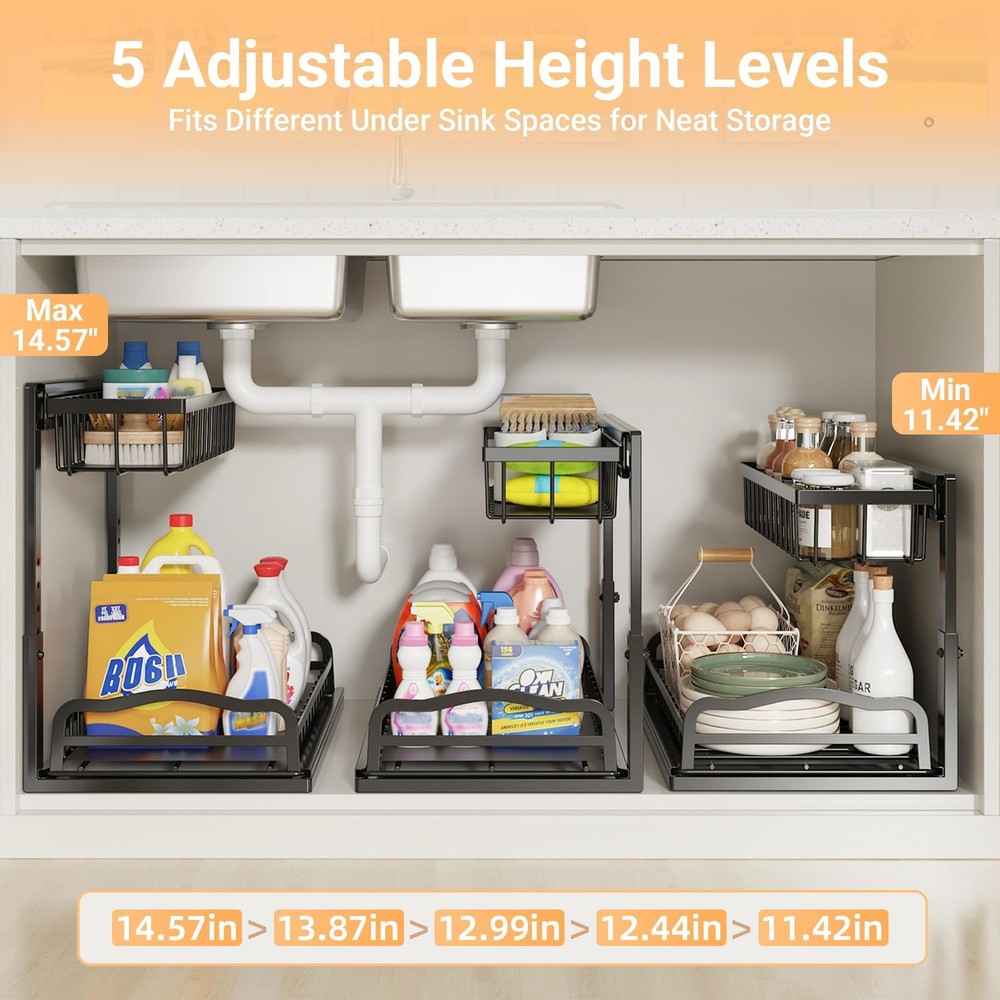 AceMining Under Sink Organizer, 2 Pack Pull-Out Under Cabinet Organizer, 2 Ti...