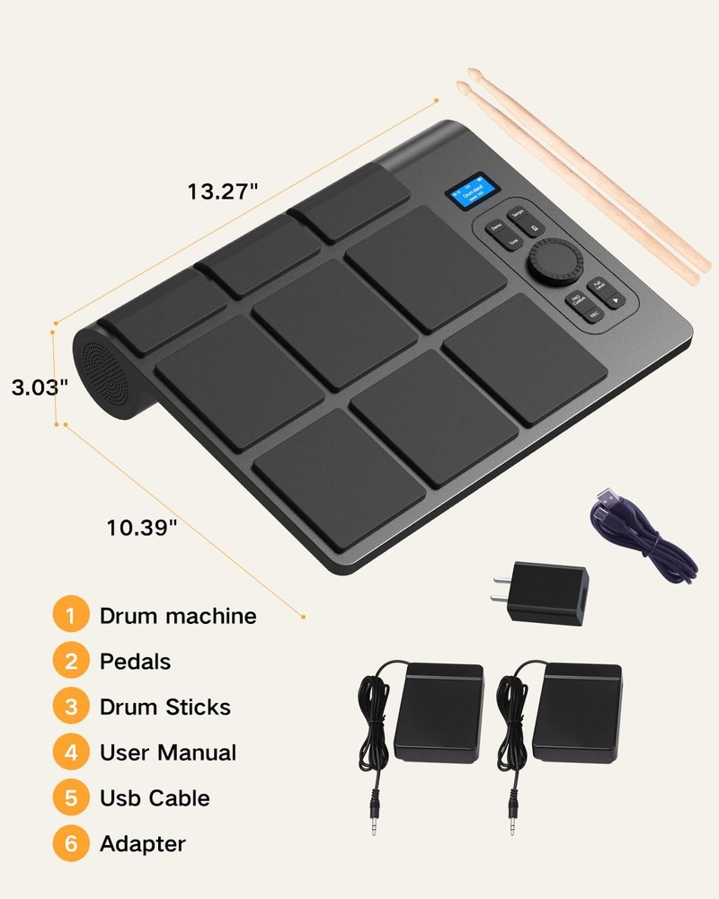 9 Pads Electronic Drum Pad, Electronic Tabletop Drum Set, Portable Digital Dr...