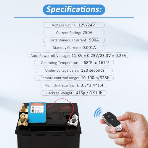 Kill Switch for Car, 12V/24V 250A Remote Battery Disconnect Switch Automatic