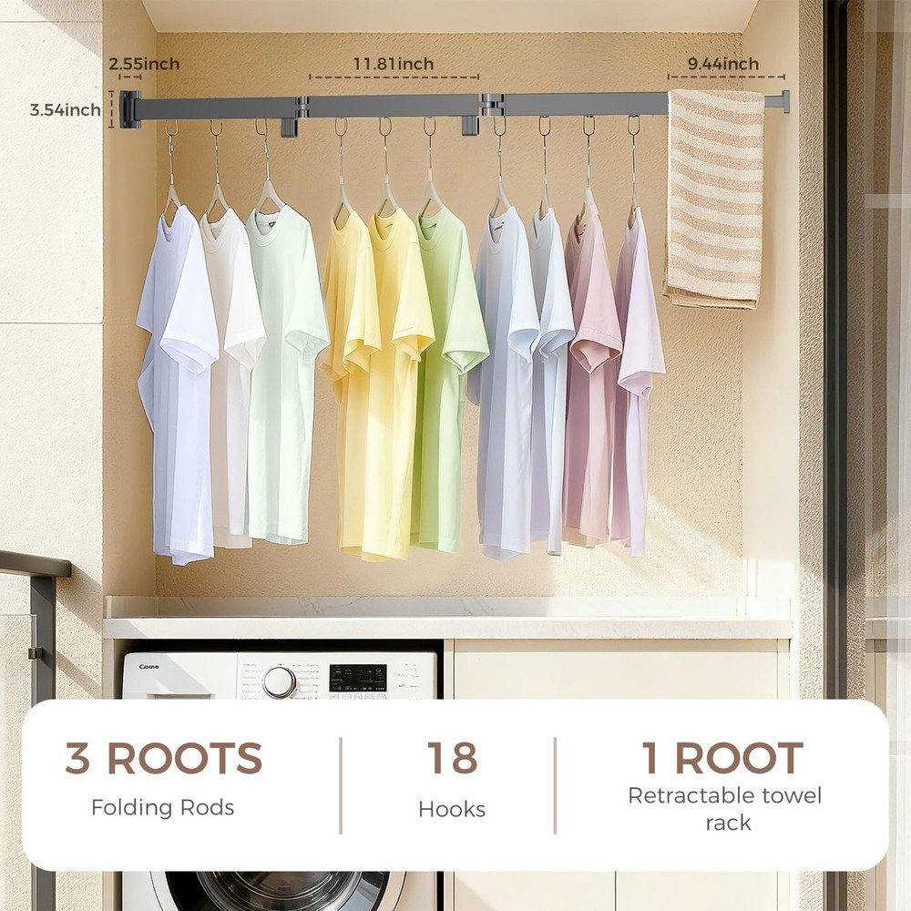 Wall Mounted Clothes Drying Rack, Space-Saving Foldable Clothes Drying Rack, ...