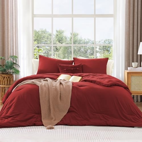 Queen Comforter Set - 3 Pieces Prewashed Comforter Queen(90"*90") Bright Red