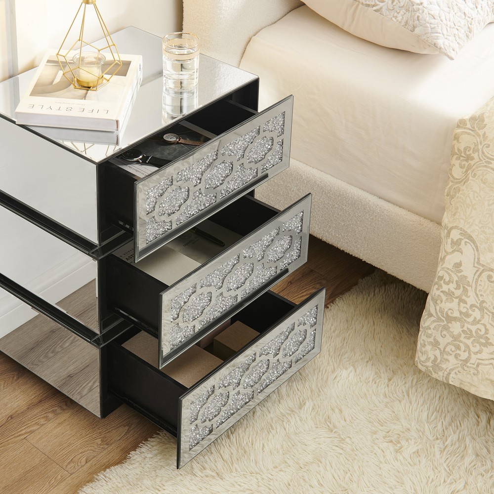 Mirrored Bedside Nightstand, Modern Side Table with 3 Drawers, Silver Accent