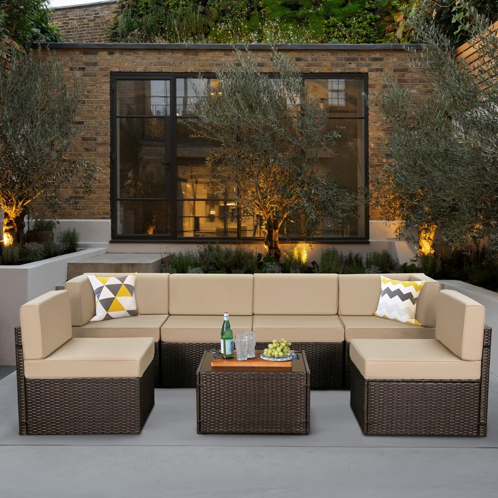 7 Pieces Patio Sofa Set PE Rattan Outdoor Furniture Sectional Conversation Sofas