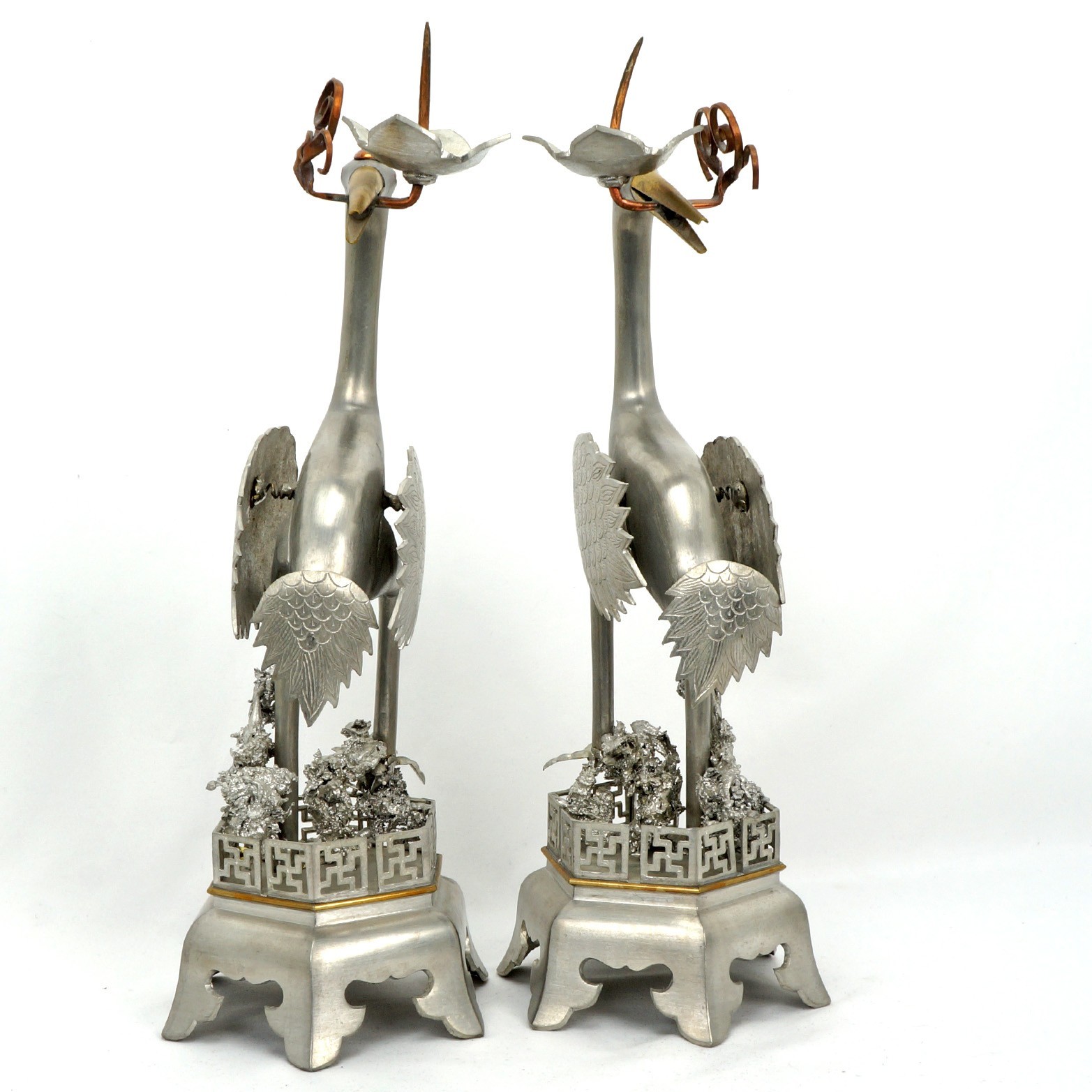 Pair Chinese Mixed-Metal Pewter Crane Sculptures Candlesticks