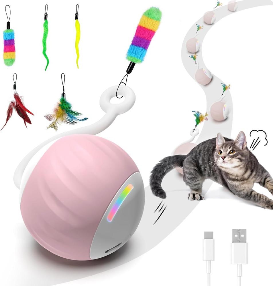 Interactive Cat Toy with LED Lights & Feathers - 2 Speed Motion Ball
