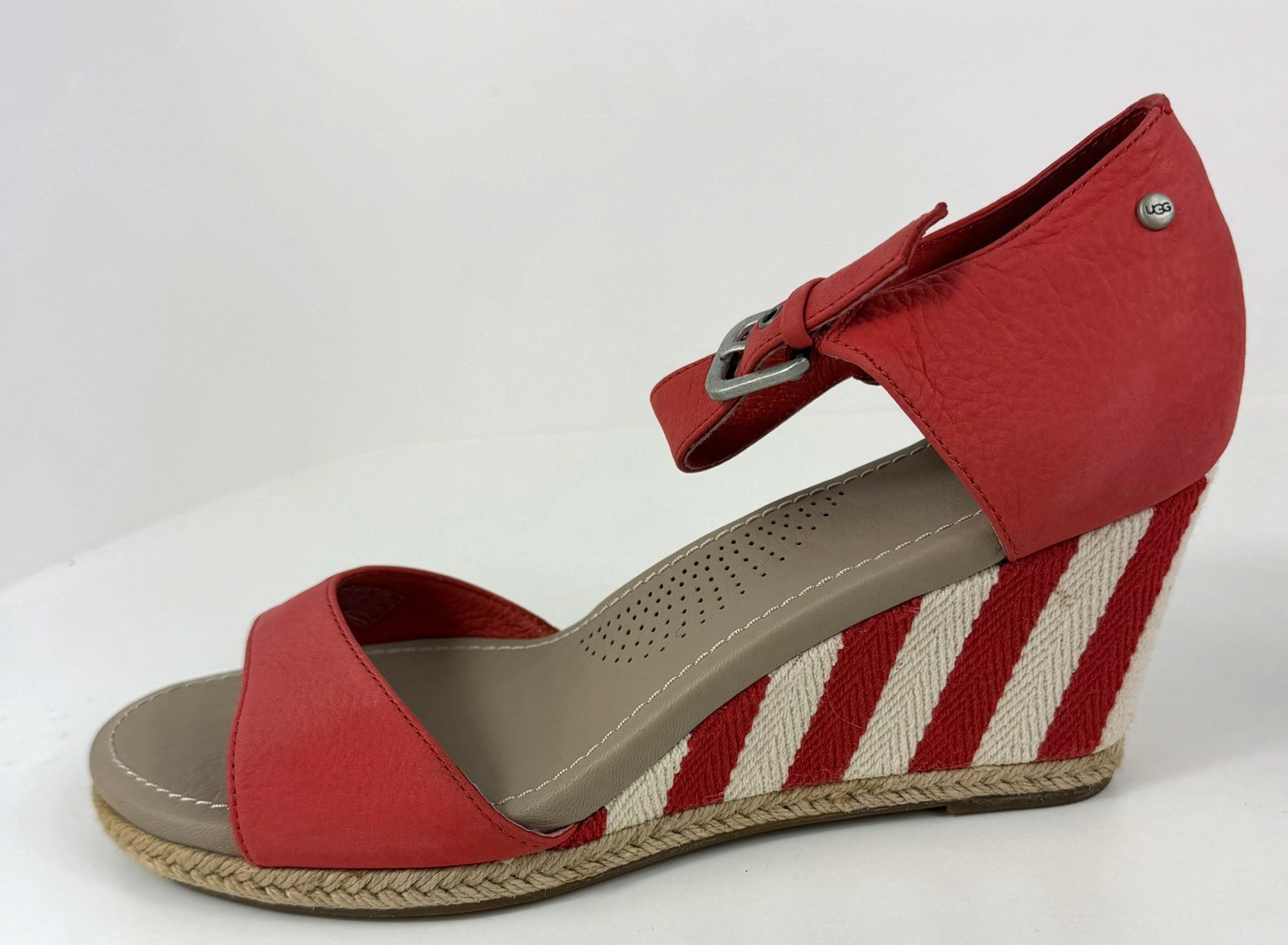 UGG Womens 10 Wedge Sandals Atasha Stripe Coral Ankle Strap Espadrille